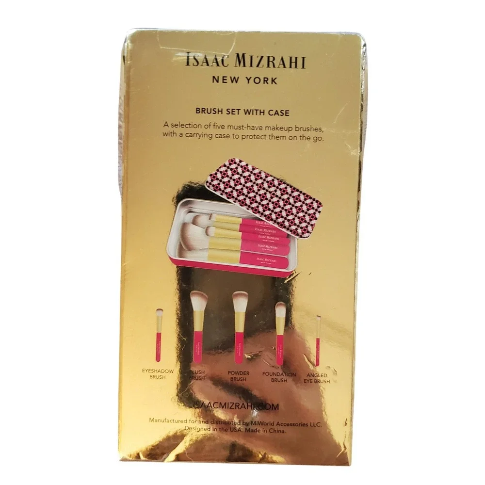 Isaac Mizrahi 5 Brush Set with Case - Makeup Brushes - Pink & Gold‎ New